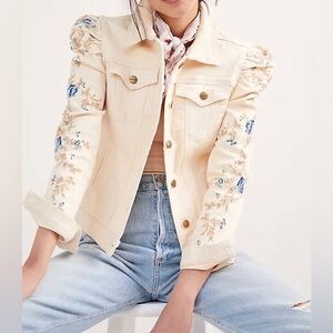 Driftwood Floral Embroidered Denim Jacket in ivory size XS
